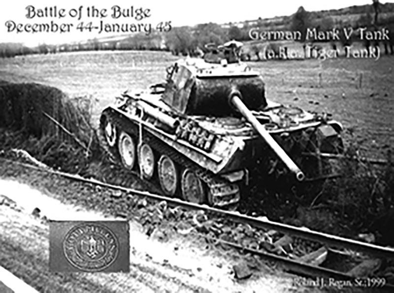 A disabled German Mark V tank also know as the “Tiger Tank”. Due to the German advances in many weapons systems, both Tiger and Panther (Mark VI) tanks were usually shipped by Combat Engineers back to the United States for intelligence review and testing.